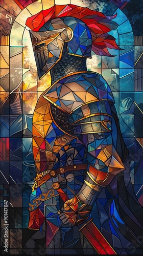 A stained glass window of a knight in a suit of armor holding a sword