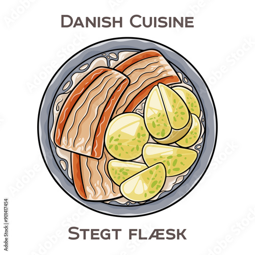 Stegt flaesk is a traditional Danish dish consisting of crispy fried pork belly slices typically served with boiled potatoes and parsley sauce.