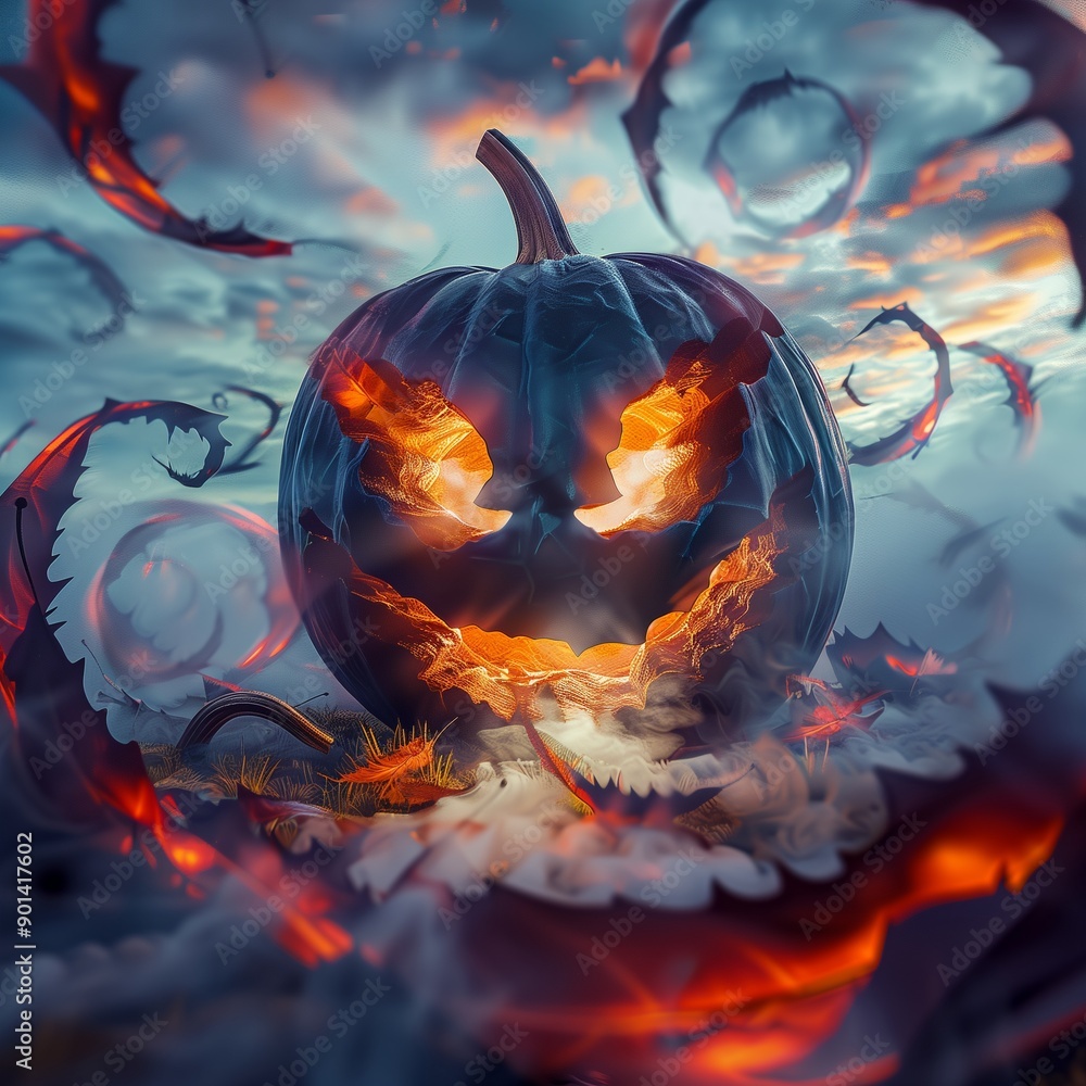 Fiery jack-o'-lantern with swirling smoke Fiery jack-o'-lantern with swirling smoke