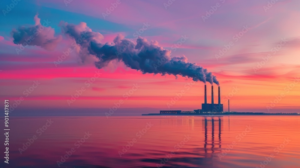 Industrial Smokestacks Emitting Smoke at Sunrise Industrial Smokestacks Emitting Smoke at Sunrise