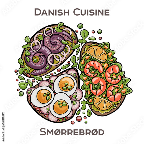 Smorrebrod is a traditional Danish open-faced sandwich consisting of a slice of rye bread topped with various combinations of meats, fish, vegetables, and spreads.