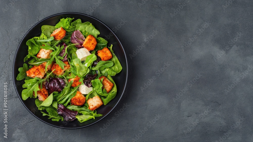Closeup Beautiful Fresh Salad with Leafy Greens and Croutons - Perfect for Healthy Eating and Diet Closeup Beautiful Fresh Salad with Leafy Greens and Croutons - Perfect for Healthy Eating and Diet