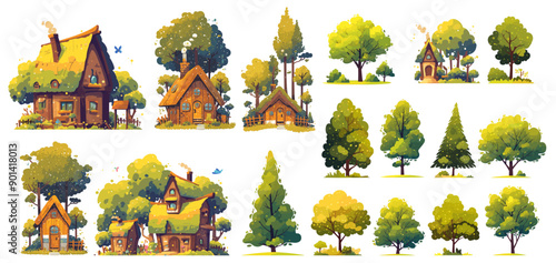 house in the forest. hut wooden forest summer trees sticker. vector cartoon illustration set