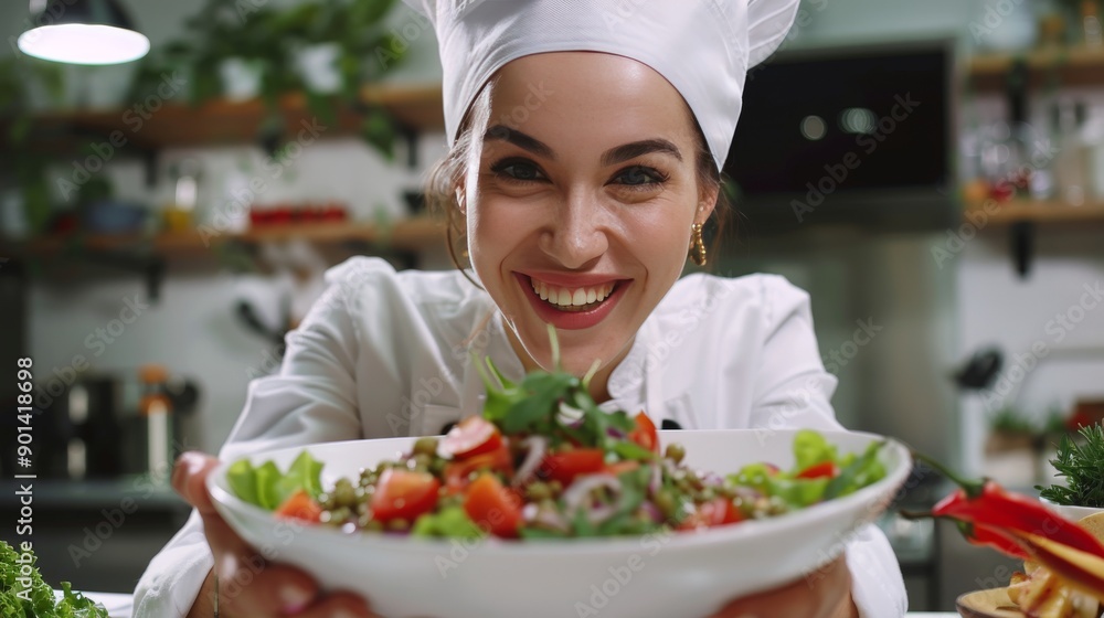 Gourmet chef delighting in the aroma of food from a bowl on camera, enjoying the meal. Female cook savoring tasty food's flavor and scent in the studio. Catering service provided. Gourmet chef delighting in the aroma of food from a bowl on camera, enjoying the meal. Female cook savoring tasty food's flavor and scent in the studio. Catering service provided.