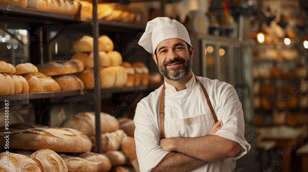 Handsome baker poses in bakery with breads and oven in the background. Handsome baker poses in bakery with breads and oven in the background.