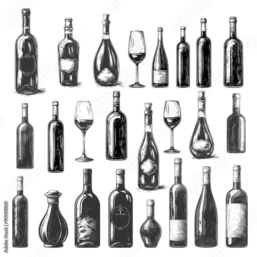 Illustration of wine products, drawing engraving ink line art, vector illustration