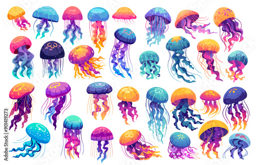 jellyfish cartoon set. sea animal swims bright sticker. vector illustration
