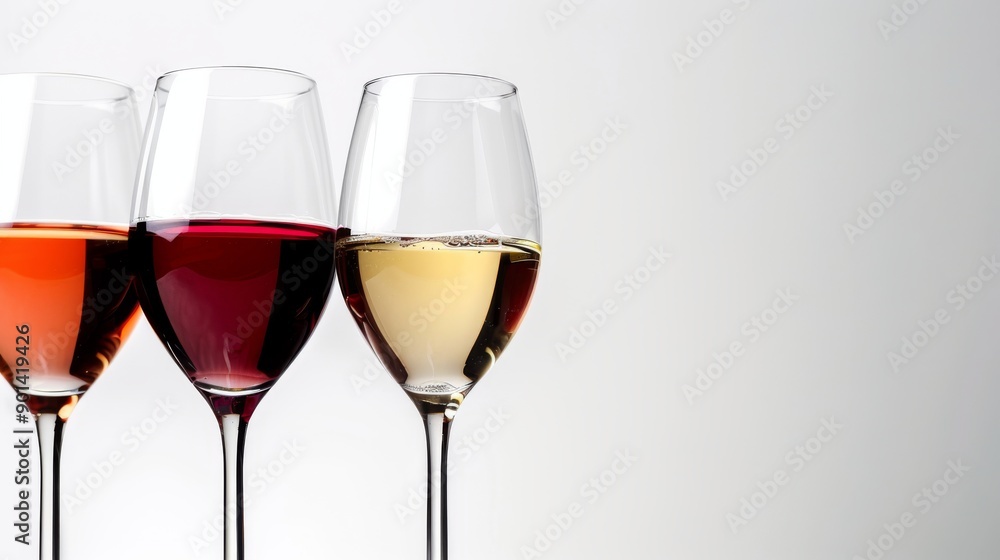 Three glasses of red, rosé, and white wine are set against a white backdrop. Ideal for a wine menu design, these close-up images of luxury wineglasses offer a refined look. Three glasses of red, rosé, and white wine are set against a white backdrop. Ideal for a wine menu design, these close-up images of luxury wineglasses offer a refined look.