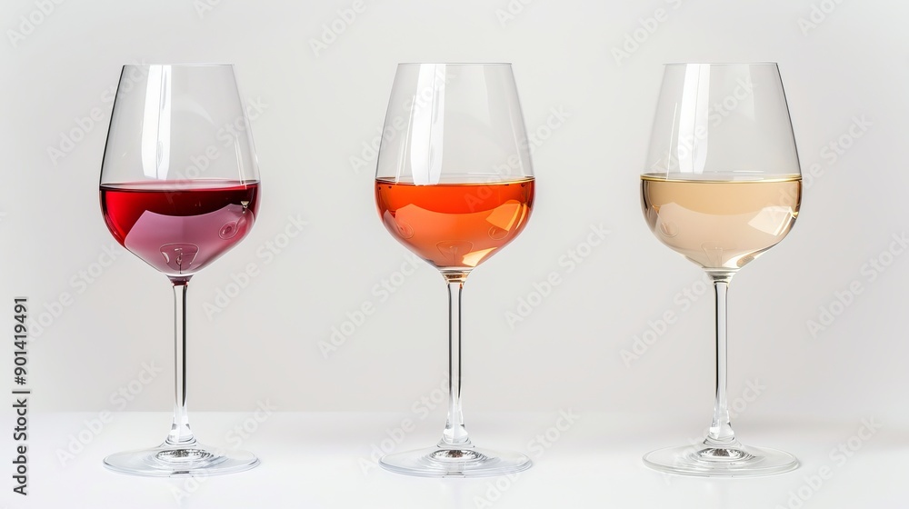 Three glasses of red, rosé, and white wine are set against a white backdrop. Ideal for a wine menu design, these close-up images of luxury wineglasses offer a refined look. Three glasses of red, rosé, and white wine are set against a white backdrop. Ideal for a wine menu design, these close-up images of luxury wineglasses offer a refined look.