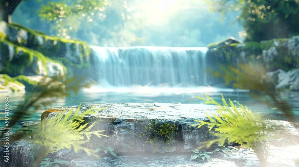 Large flat rock ideal for advertising with a scenic waterfall background, serene and majestic, seamless looping animation time lapse 4K Large flat rock ideal for advertising with a scenic waterfall background, serene and majestic, seamless looping animation time lapse 4K