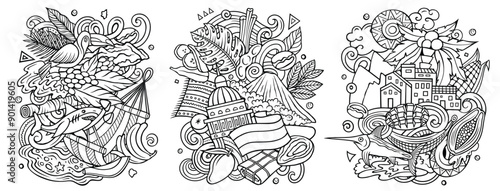 Nicaragua cartoon vector doodle designs set. detailed compositions with lot of Nicaraguan objects and symbols. Isolated on white illustrations