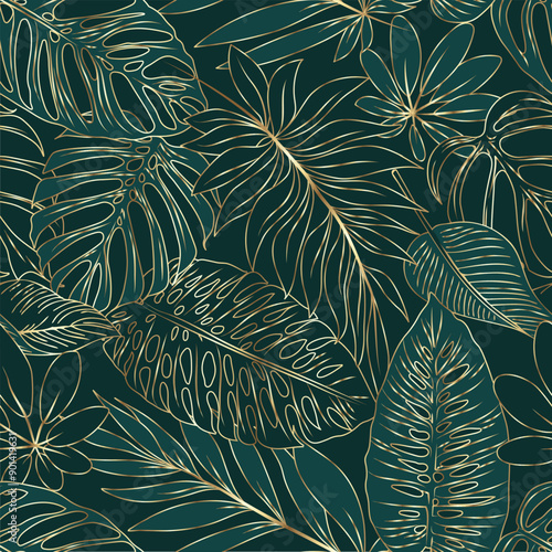 Botanical vector tropical pattern with colorful plants and leaves on green background. Seamless exotic pattern with tropical plants. Summer colorful Hawaiian landscapes. Print and textile.