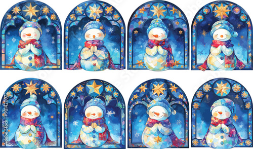 stained glass snowman watercolor clipart