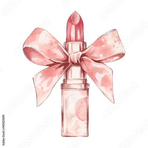 Vector watercolour lipstick with a pink satin bow. Fashion illustration of a lipstick in a modern style. Girl Birthday decoration