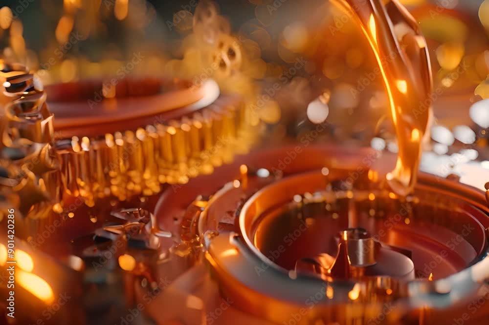 A splash of oil is dripping from a gear. The oil is thick and golden, and it is splashing onto the gears below. A splash of oil is dripping from a gear. The oil is thick and golden, and it is splashing onto the gears below.