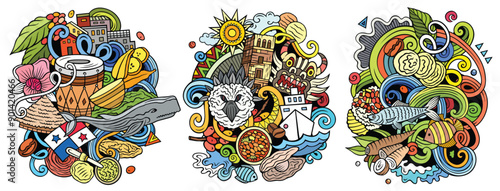 Panama cartoon vector doodle designs set. Line art detailed compositions with lot of Panaman objects and symbols