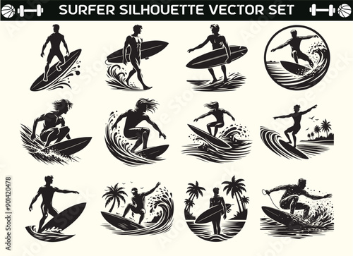 Surfer silhouette vector in illustration set