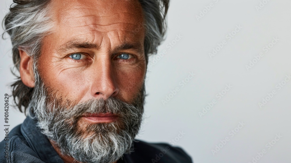 A man with a beard and gray hair is looking at the camera A man with a beard and gray hair is looking at the camera