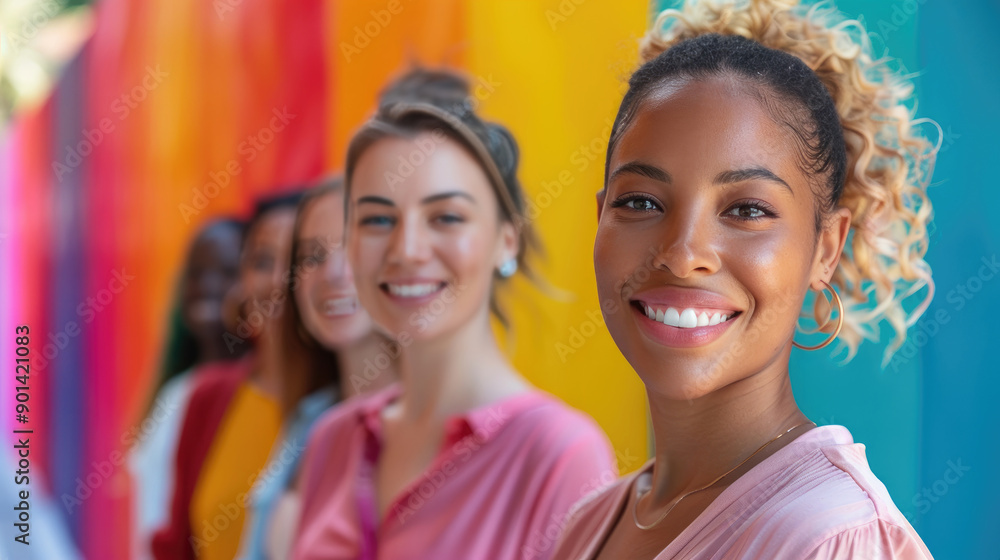 Fototapeta premium Smiling women standing in line against colorful background, promoting diversity, friendship, and happiness.