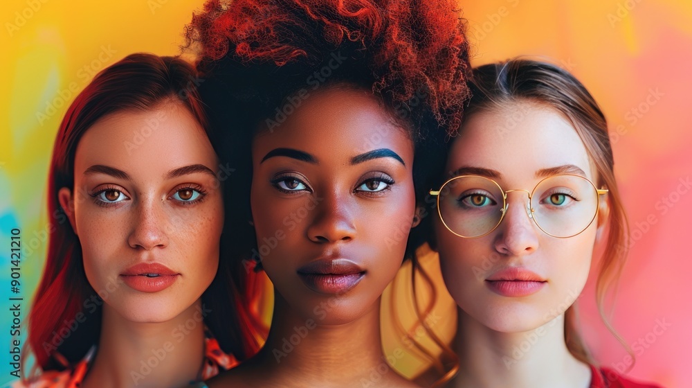 Three women posing against a vibrant background, showcasing beauty, diversity, and unity. Perfect for concepts of empowerment and inclusivity. Three women posing against a vibrant background, showcasing beauty, diversity, and unity. Perfect for concepts of empowerment and inclusivity.