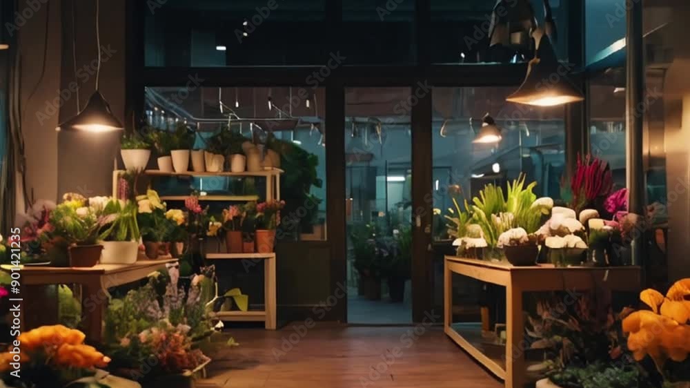 Interior of a Flower Shop at Night with Plants and Flowers on Display Interior of a Flower Shop at Night with Plants and Flowers on Display