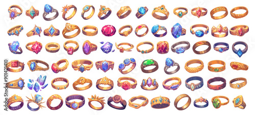 magic rings set cartoon. jewelry gold jewel magic sorcery object gemstone. vector illustration
