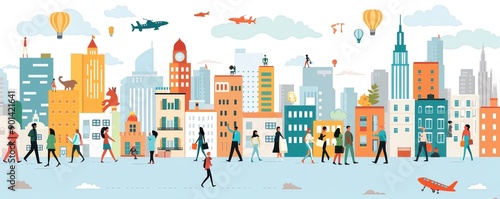 Colorful cityscape featuring diverse buildings, hot air balloons, planes, and people walking. Urban skyline and crowded street scene.