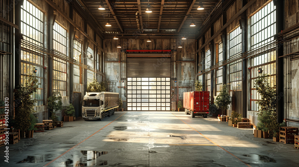 A large warehouse with a red truck parked in the middle A large warehouse with a red truck parked in the middle
