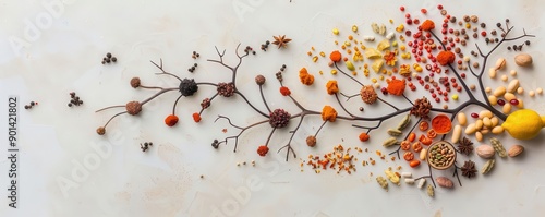 Digital art of brain neurons made from spices, food, brain-enhancing nutrition photo