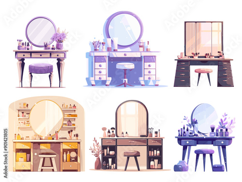 makeup table set. mirror cosmetics makeup female. vector illustration cartoon