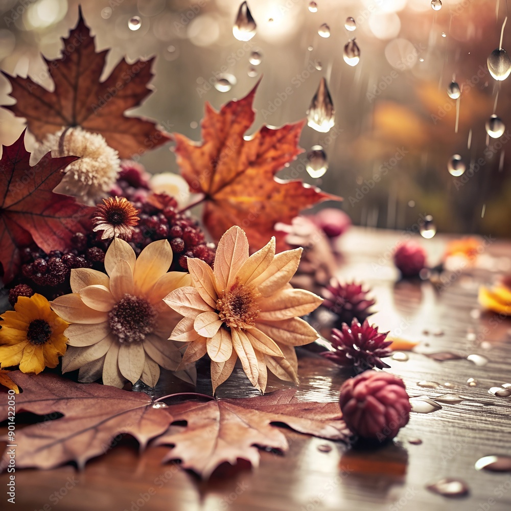 Fototapeta premium autumn floral background with raindrops