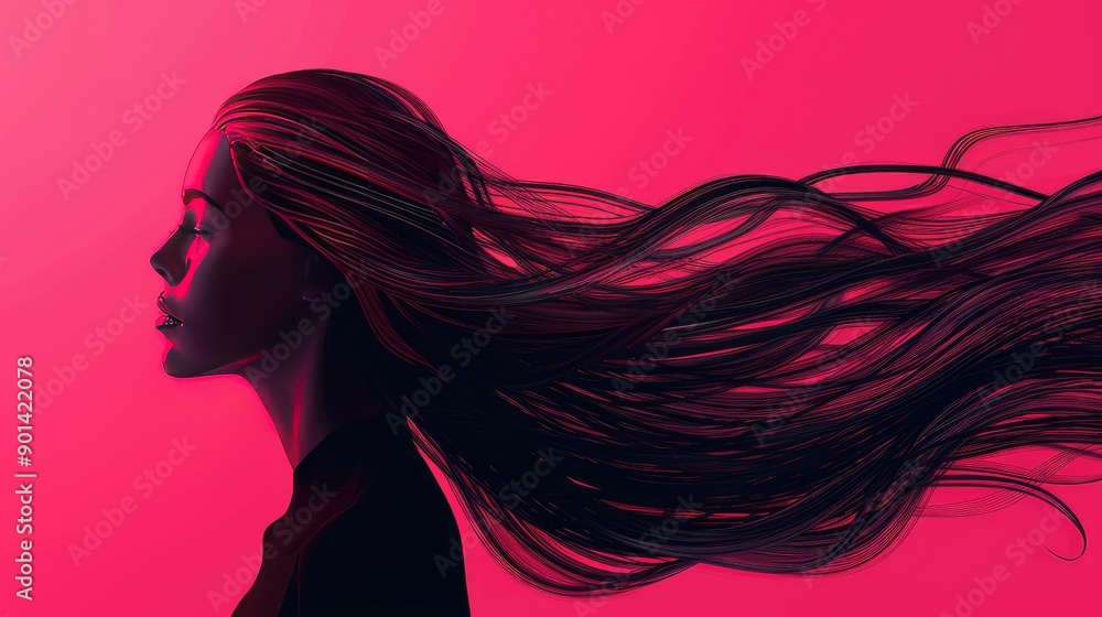 Naklejka premium Faceless silhouette of a woman with flowing long hair against a vibrant pink background, enhanced by a 3D vector illustration.
