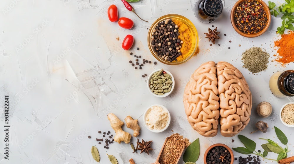 Brain surrounded by natural herbs and spices, food, natural brain nutrition aids Brain surrounded by natural herbs and spices, food, natural brain nutrition aids