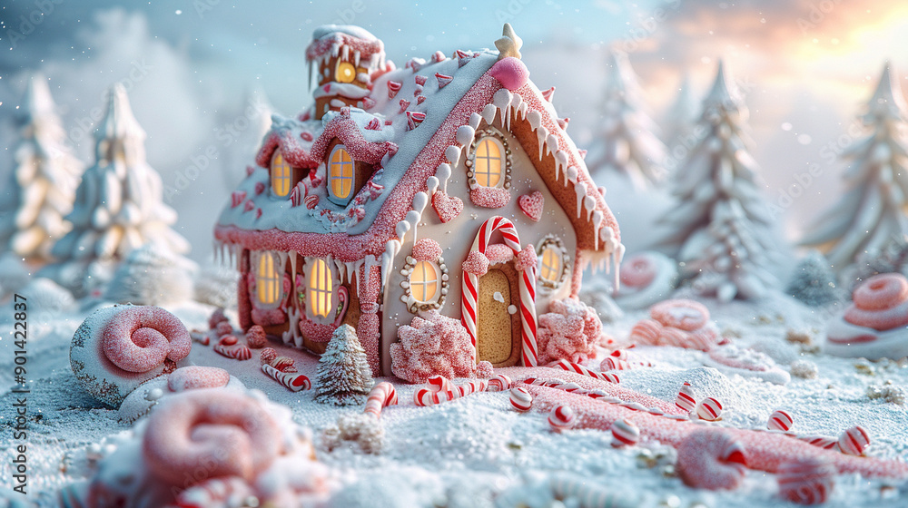 Obraz premium A gingerbread house with candy decorations and a candy cane on the front door