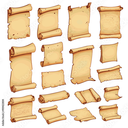 Old paper pages texture. Antique old sheet medieval vintage parchment scroll papyrus set vector illustration