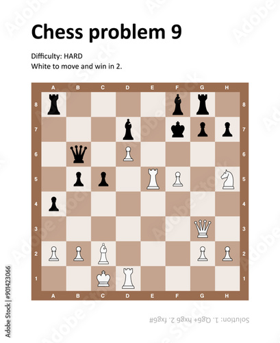 Chess problem puzzle with solution. Hard difficulty chess problem illustration.