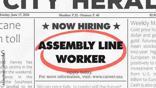 Assembly line worker career. Recruitment offer - job ad. Newspaper classified ad career opportunity.