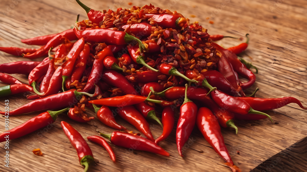 Red chili peppers on wooden background. Generative AI Red chili peppers on wooden background. Generative AI