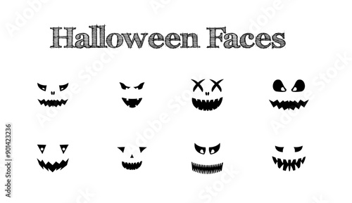 Halloween face set. Spooky funny monster face isolated Halloween clipart. Pumpkin lantern faces.