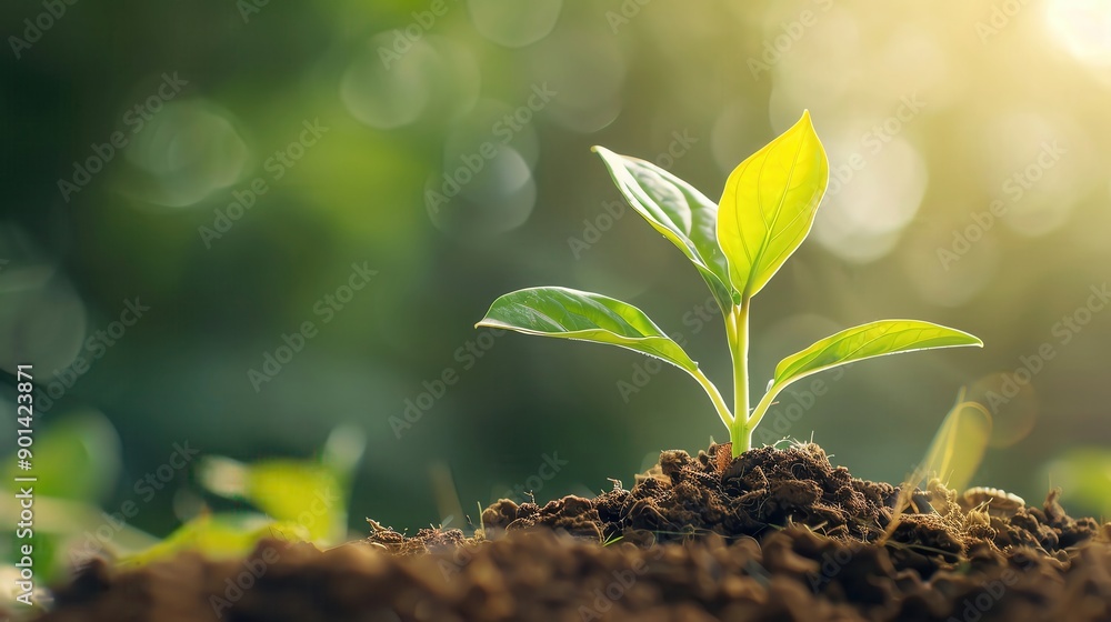 Young green plant growing in soil in sunlight, symbolizing growth, new beginnings, and nature's beauty. Perfect for environmental themes. Young green plant growing in soil in sunlight, symbolizing growth, new beginnings, and nature's beauty. Perfect for environmental themes.