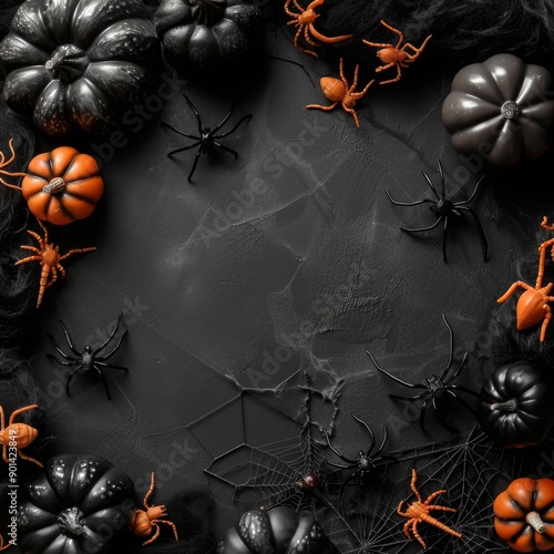 Halloween background with black and orange pumpkins, spiders, and webs. Perfect for seasonal decorations and spooky themes.