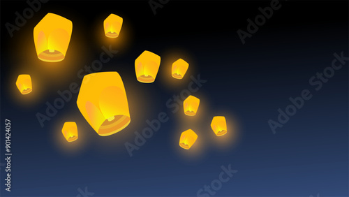 Sky lanterns floating in the night sky.Thailand Loy Krathong and Yi Peng Festival.Vector illustration.