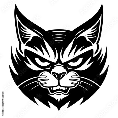 Fierce cat face in black and white illustration