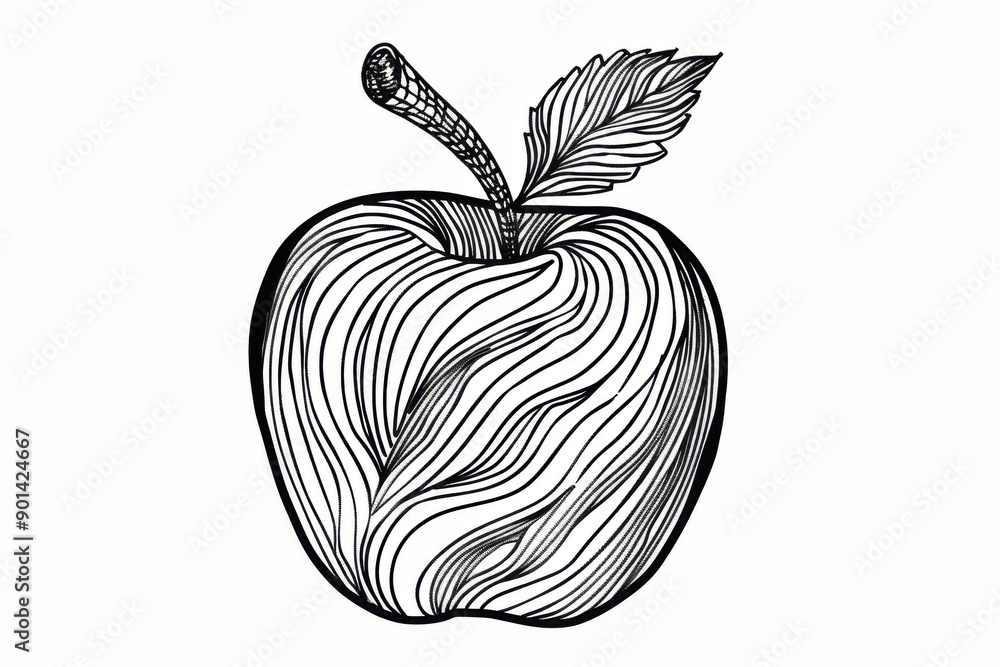 Intricate line art of an apple with detailed curves and a leaf, perfect for modern design and artistic projects. Intricate line art of an apple with detailed curves and a leaf, perfect for modern design and artistic projects.