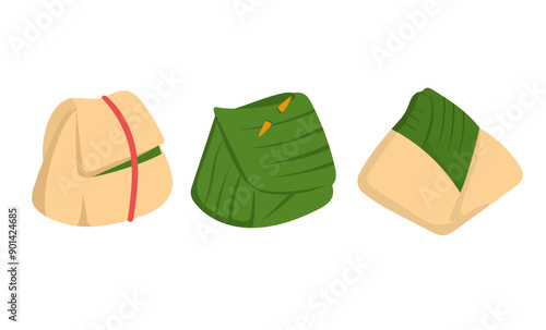 Traditional Indonesian rice wrap vector set, nasi bungkus vector illustration, isolated on white background, asian traditional takeaway food