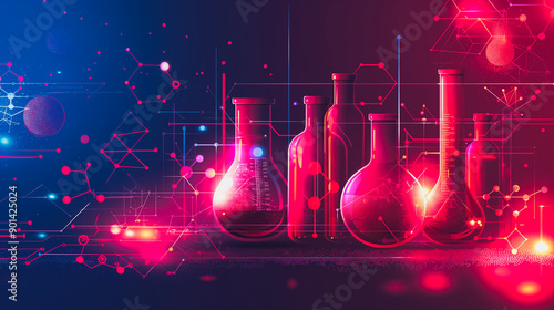 Scientific theme on a flat color background, featuring a mix of geometric shapes and molecular models with biotechnology details like lab flasks and DNA strands.