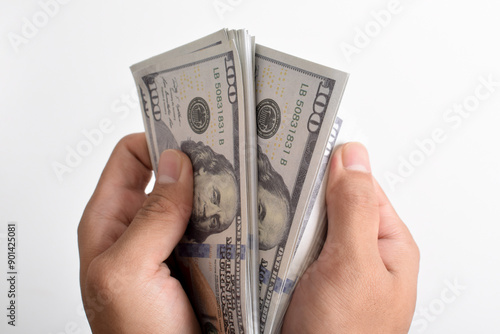 Close-up Hands counting money American dollars , Man hand counting one hundred American money or 100 USD, Concept of finance, business, income