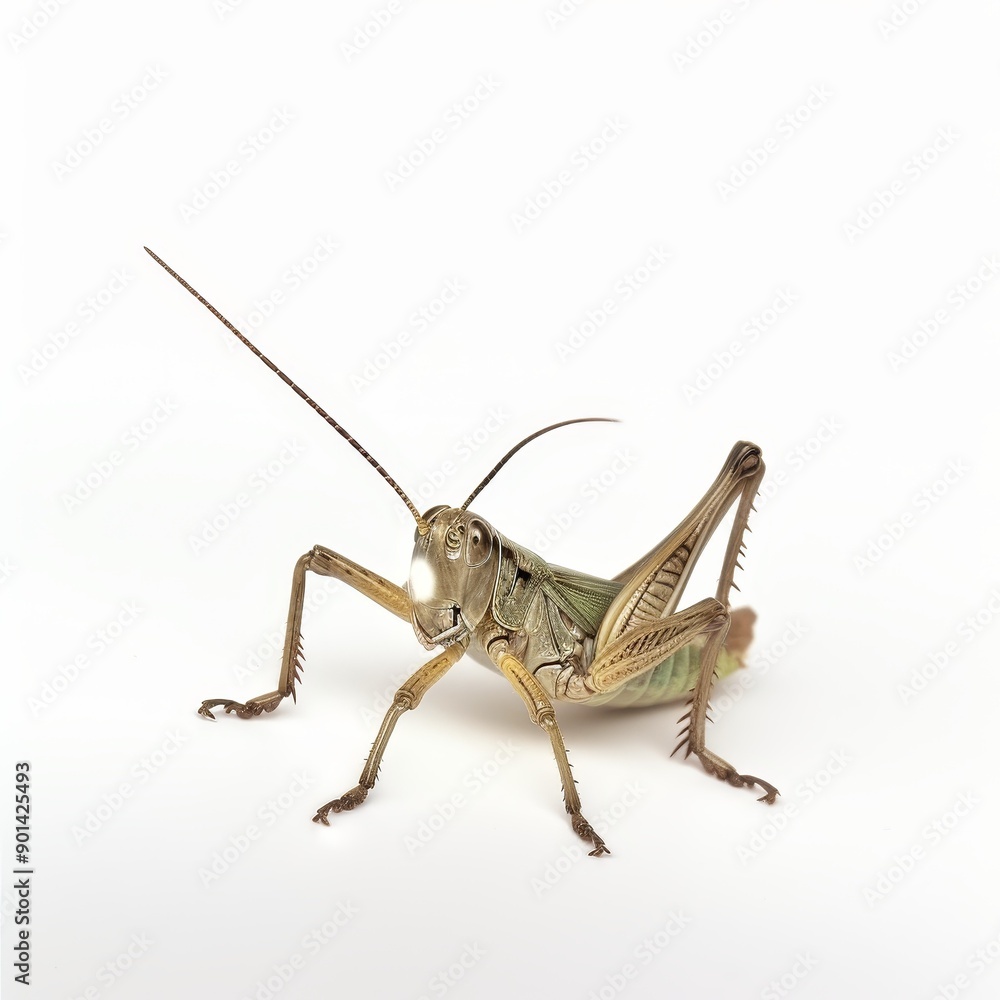 A cute and funny grasshopper is jumping along a strip. White background A cute and funny grasshopper is jumping along a strip. White background