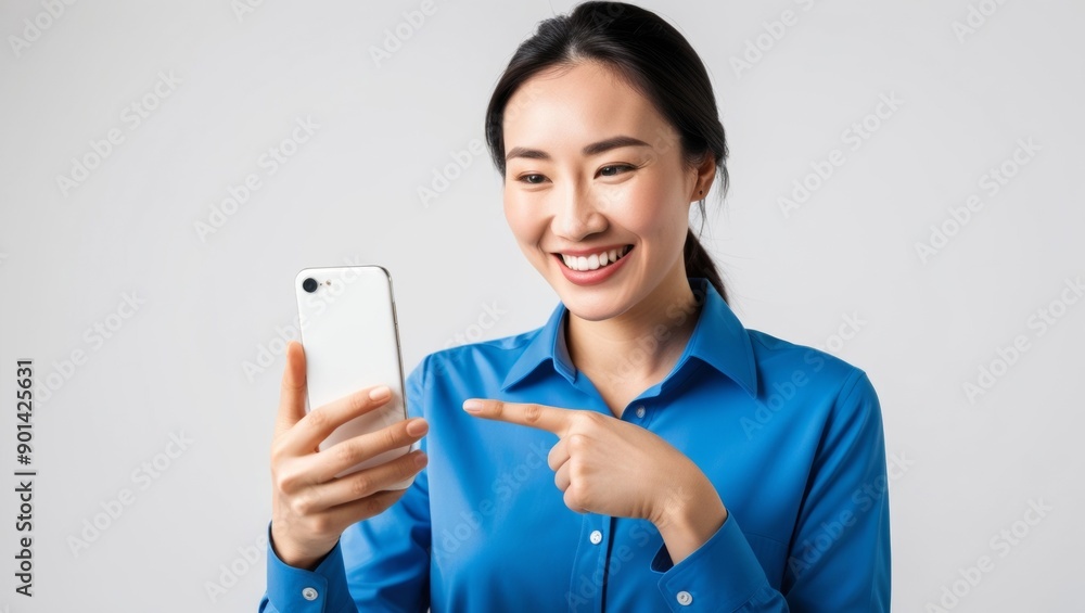 Smiling Young Asian Woman Using a Smartphone and Pointing at the Screen Smiling Young Asian Woman Using a Smartphone and Pointing at the Screen