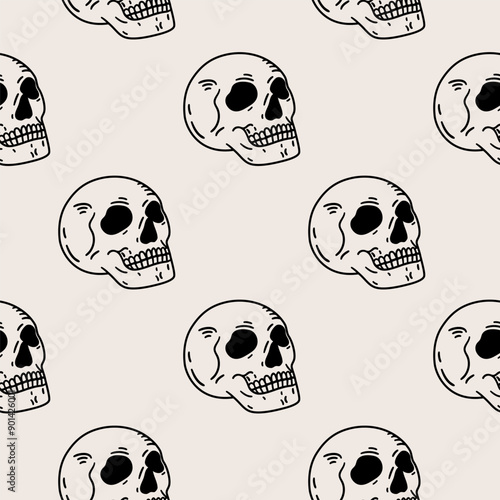 Human scull seamless pattern. Hand drawn illustration in sketch style.